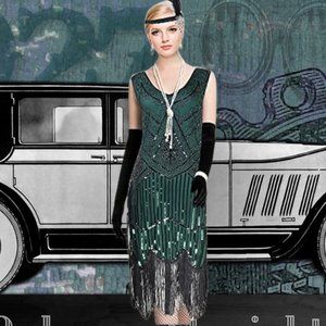 1920’s Gatsby Flapper Dress with Accessories Set Halloween Costume. NEW